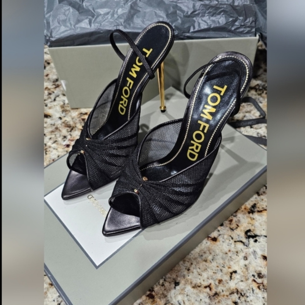 Tom Ford black mesh with gold heel peep toe. Sz EU 40.5